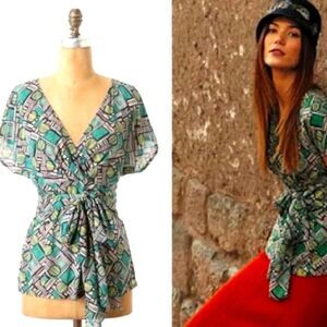 Anthropologie Odille Geometric Wrap Blouse Short Sleeve Size 0